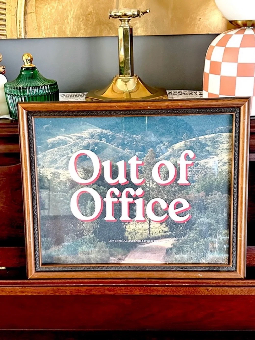 Out of Office Landscape Wood Framed Art Retro Pink Print Canvas Art Print 16x13”